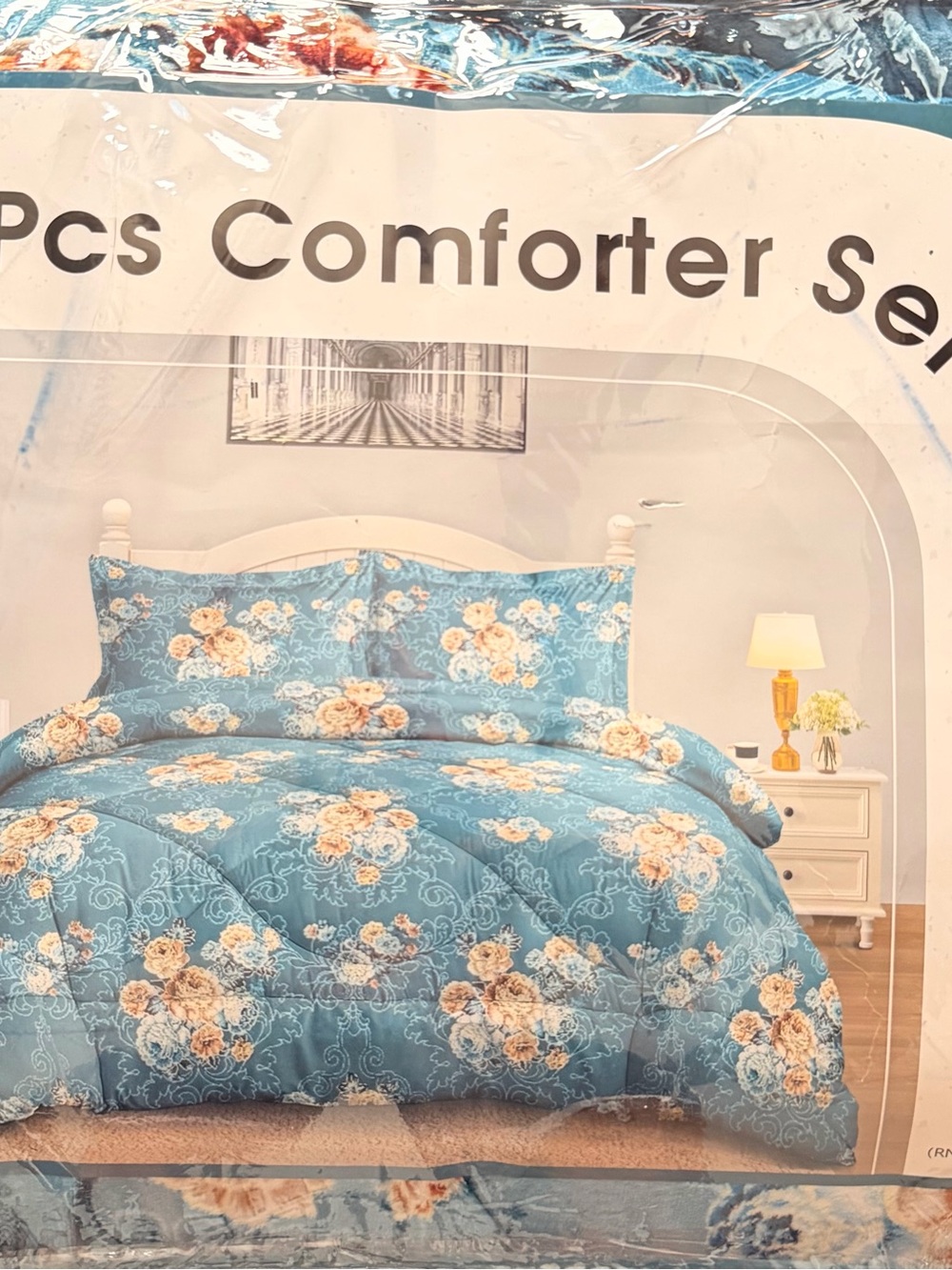 Blue Floral Comforter Set with Cream Accents - Brand Unspecified